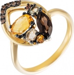 Кольцо с бриллиантами, сапфиром, кварцами, раухтопазами и цитринами из желтого золота (арт. 731009)