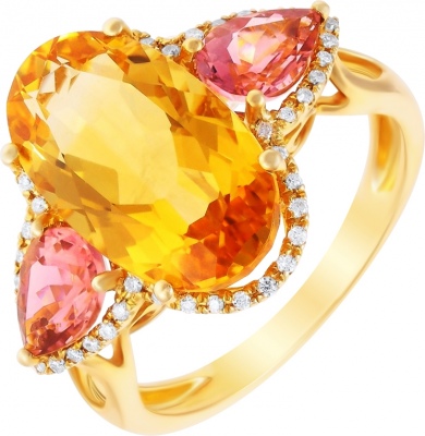 

Кольцо с цитрином, турмалинами и бриллиантами из жёлтого золота