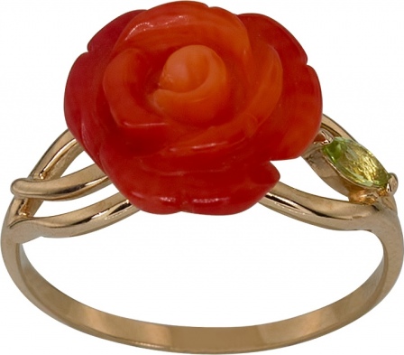 Кольцо Цветок с кораллом и хризолитом из красного золота (арт. 2180534)
