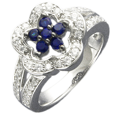 Кольцо Цветок с сапфиром, фианитами из серебра (арт. 319702)