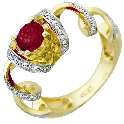 Кольцо с бриллиантами, родолитом из желтого золота 750 пробы (арт. 322009)