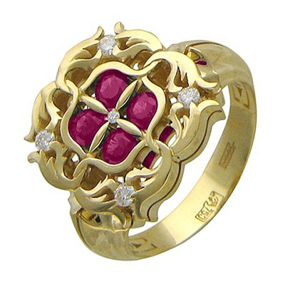 Кольцо с бриллиантом, рубинами из желтого золота 750 пробы (арт. 322635)
