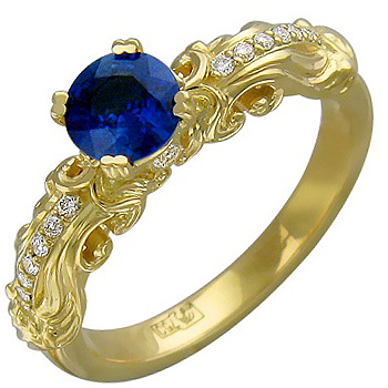 Кольцо с бриллиантами, сапфиром из желтого золота 750 пробы (арт. 323397)