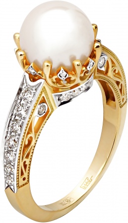 Кольцо с бриллиантами, жемчугом из желтого золота 750 пробы (арт. 324621)
