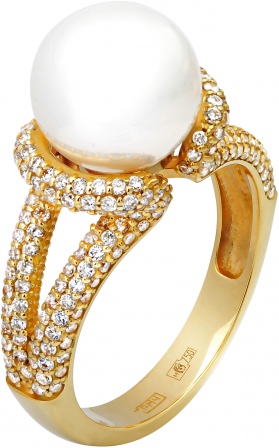 Кольцо с бриллиантами, жемчугом из желтого золота 750 пробы (арт. 327950)