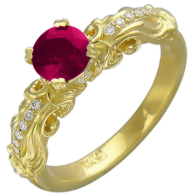 Кольцо с бриллиантами, рубином из желтого золота 750 пробы (арт. 328582)