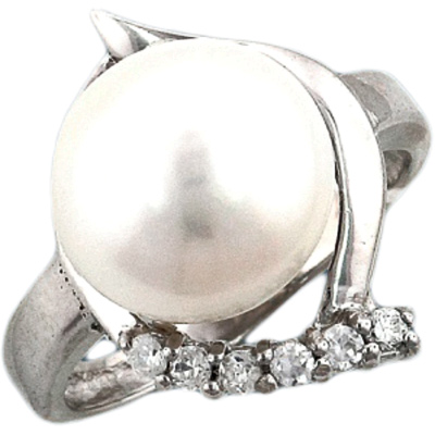 Кольцо с жемчугом, фианитами из серебра (арт. 383024)