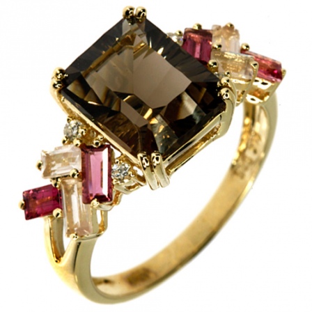 Кольцо с бриллиантами, кварцами, турмалинами, раухтопазом из желтого золота (арт. 732548)