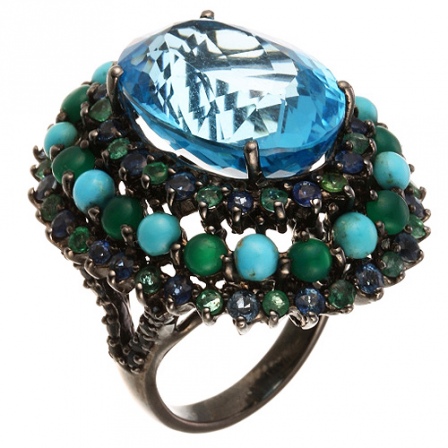 Кольцо с россыпью цветных и драгоценных камней из чернёного серебра (арт. 744558)