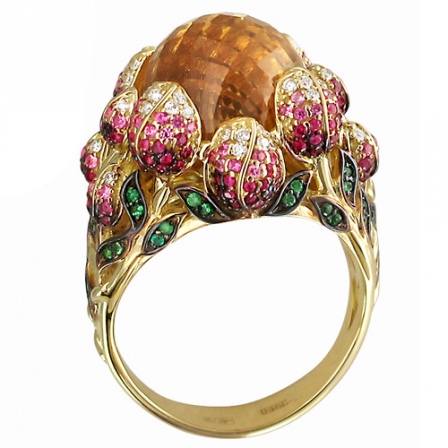 Кольцо Цветок с бриллиантами, рубинами, сапфирами, тсаворитами, цитрином из (арт. 821611)