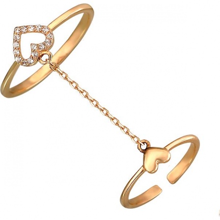 Два кольца на цепочке Сердечки с фианитами из красного золота (арт. 821695)