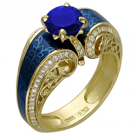 Кольцо с бриллиантами, сапфиром, вставкой из эмали из желтого золота 750 (арт. 824768)