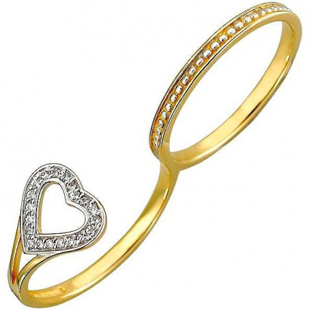 Кольцо на два пальца Сердце с фианитами из желтого золота (арт. 825241)