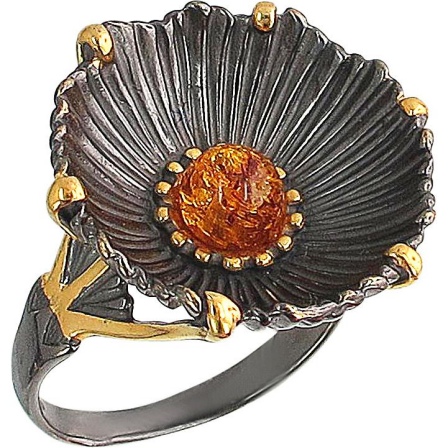Кольцо с янтарем из чернёного серебра с позолотой (арт. 830150)