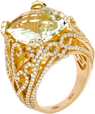 Кольцо с бриллиантами, празиолитом из желтого золота 750 пробы (арт. 832284)