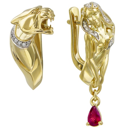 Серьги Девушка и Пантера с бриллиантами, рубинами из желтого золота 750 (арт. 833695)