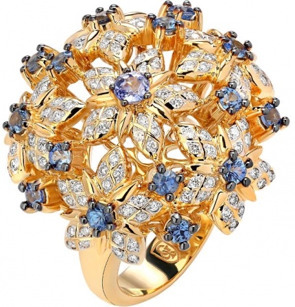 Кольцо с сапфирами и бриллиантами из жёлтого золота (арт. 838934)