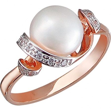 Кольцо с жемчугом и фианитами из серебра с позолотой (арт. 847705)