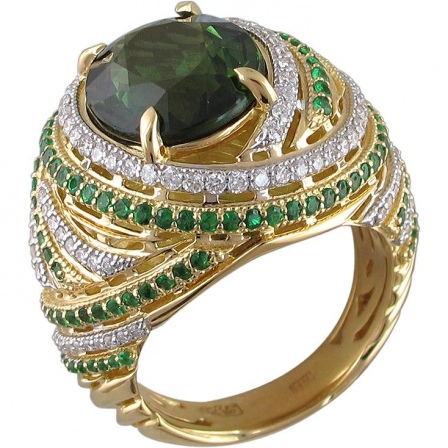 Кольцо с турмалином, тсаворитами и бриллиантами из жёлтого золота 750 пробы (арт. 855011)