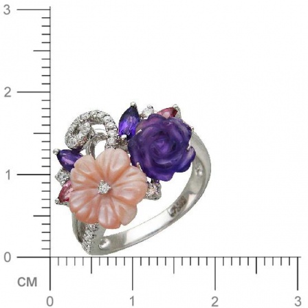 Кольцо Цветы с 3 аметистами, 32 бриллиантами, 1 перламутром, 2 турмалинами (арт. 303057)