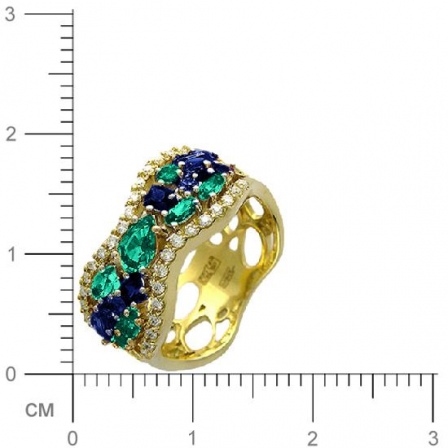 Кольцо с бриллиантами, изумрудом, сапфирами из комбинированного золота 750 (арт. 322867)