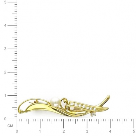 Брошь с жемчугом, фианитами из желтого золота (арт. 344900)