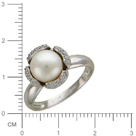 Кольцо с 1 жемчугом, 20 фианитами из белого золота  (арт. 351280)