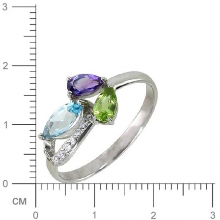 Кольцо с 1 аметистом, 1 топазом, 9 фианитами, 1 хризолитом из белого золота  (арт. 351285)