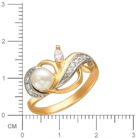 Кольцо с 1 жемчугом, 9 фианитами из комбинированного золота  (арт. 351304)