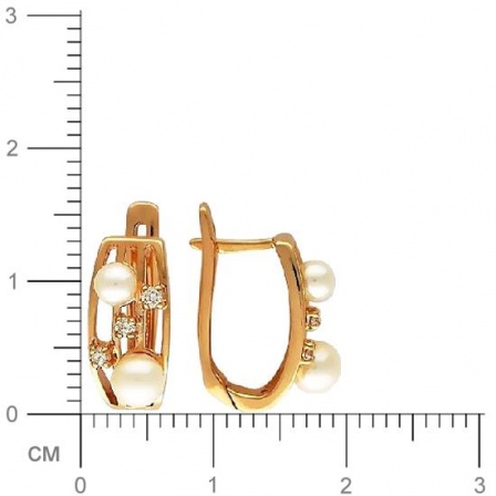 Серьги с 4 жемчужинами, 6 фианитами из красного золота  (арт. 353158)