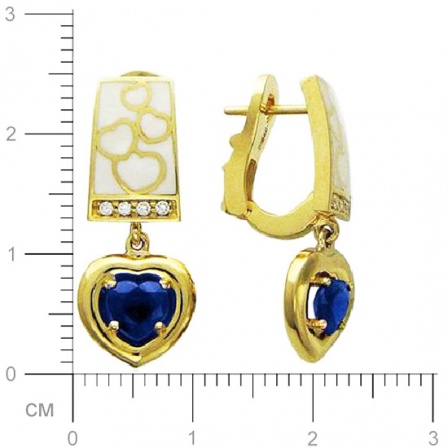 Серьги Сердечки с 8 бриллиантами, 2 сапфирами, эмалью из жёлтого золота 750 (арт. 361122)