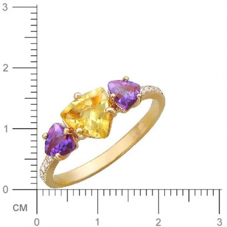 Кольцо с 1 аметистом, 10 фианитами, 2 цитринами из красного золота  (арт. 363793)