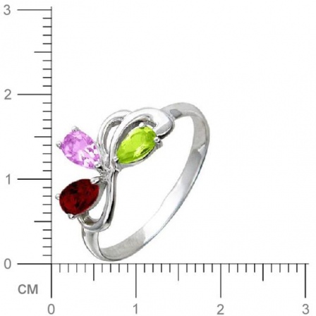 Кольцо с 1 аметистом, 1 гранатом, 1 хризолитом из белого золота  (арт. 363861)