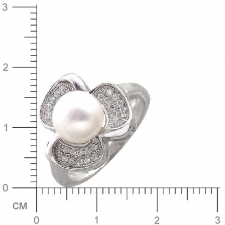 Кольцо Цветок с жемчугом, фианитами из серебра (арт. 365787)