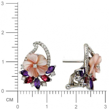 Серьги Цветы с бриллиантами, аметистами, перламутром, турмалинами из белого (арт. 422143)