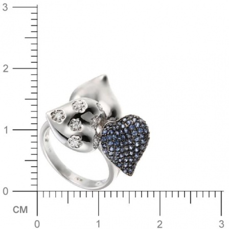Кольцо Сердечки с бриллиантами, сапфирами из белого золота (арт. 730470)
