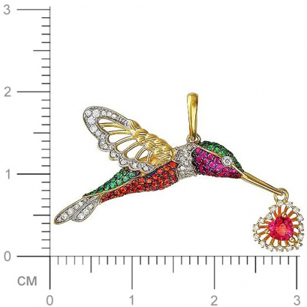 Подвеска Птица Колибри с бриллиантом, рубинами, сапфирами, тсаворитами из (арт. 823467)