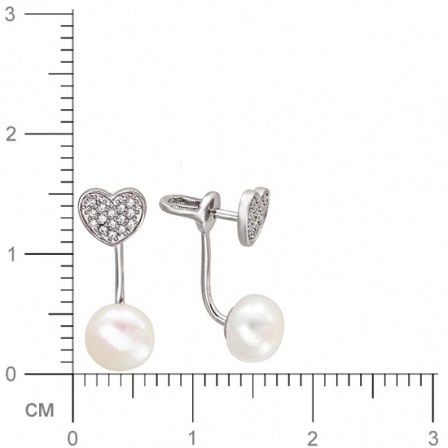 Серьги Сердечки с жемчугом, фианитами из серебра (арт. 826491)