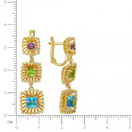 Серьги с топазами, хризолитами и аметистами из жёлтого золота (арт. 835133)