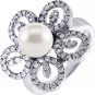 Кольцо Цветок с бриллиантами, жемчугом из белого золота