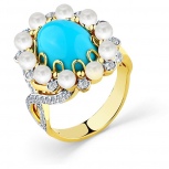 Кольцо с бирюзой, жемчугом и бриллиантами из жёлтого золота