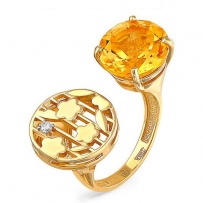 Кольцо с цитрином и бриллиантом из жёлтого золота (арт. 2042786)