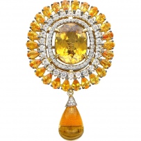 Брошь с россыпью цветных и драгоценных камней из жёлтого золота 750 пробы (арт. 877761)