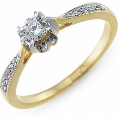 Кольцо с крупным бриллиантом и дорожкой из 12 бриллиантов из жёлтого золота