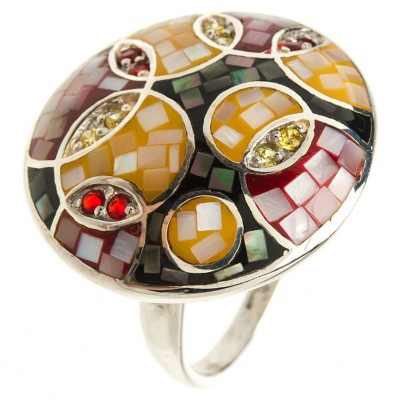 Кольцо Мозаика с перламутром, фианитами и эмалью из серебра