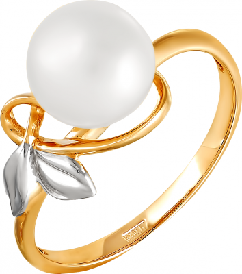 Кольцо Листики с 1 жемчугом из красного золота