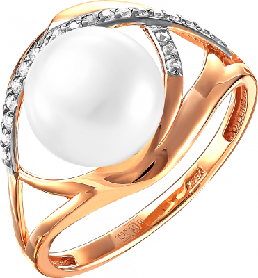Кольцо с жемчугом и фианитами из красного золота
