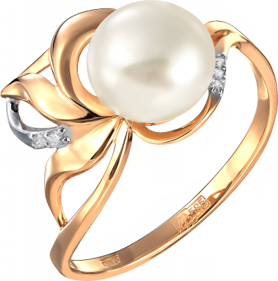 Кольцо с жемчугом и фианитами из красного золота