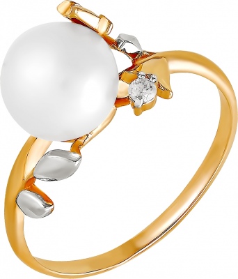 Кольцо с бриллиантом и жемчугом из красного золота