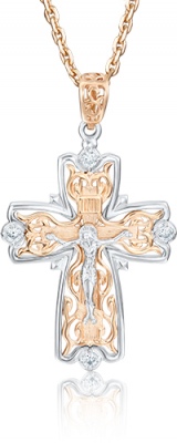 Крестик с фианитами из комбинированного золота